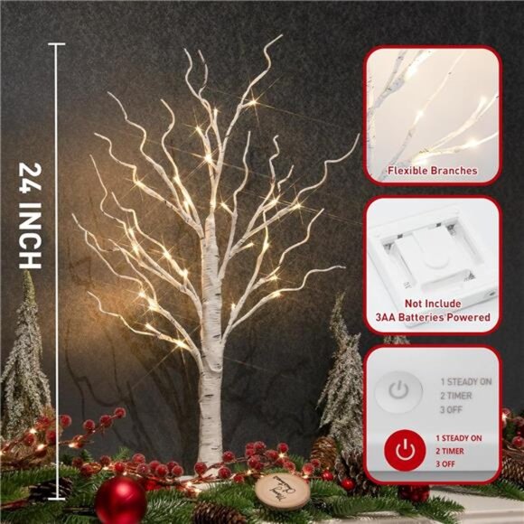 Christmas Tree Decorations, White Birch Tree with LED Lights- Set of 4 - Picture 4 of 14